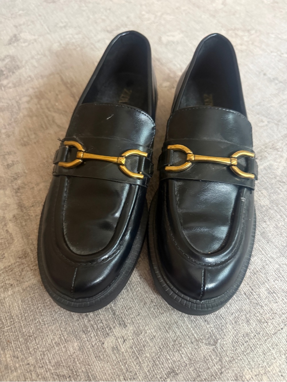 Classic Black Faux Leather Bit Loafers with Brass Hardware - Women’s 38